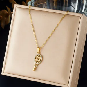 Tennis Racket Pendant Necklace Stainless Steel Gold Plated Rhinestone Clavicle Chain Jewelry For Women Tennis Player Gift