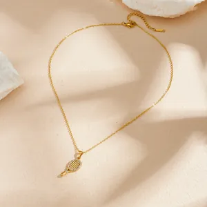 Gold-plated stainless steel tennis racket necklace with sparkling rhinestone detail