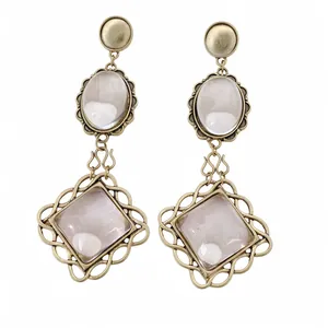 Vintage Gold Alloy Rhinestone Oval Diamond Lace Drop Earrings With Silver Earring Post Elegant Antique Style Women Jewelry