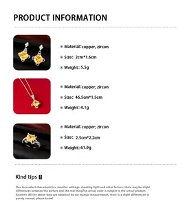 Detailed specifications for yellow zircon jewelry set including necklace, ring and earrings