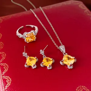 Elegant vintage yellow zircon geometric jewelry set with necklace ring and earrings