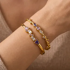 Fashion Stainless Steel Heart Geometric Bangle Women Luxury Gold Plated Rhinestone Colorful Inlaid Bangle Hand Jewelry