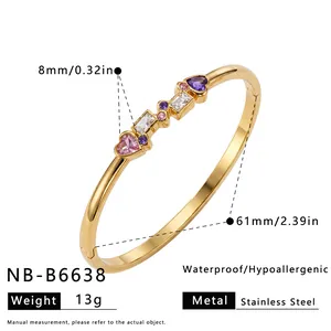 Detailed dimensions and specs for the heart and geometric zircon stainless steel bangle