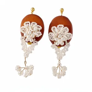 Vintage Oval Wood Artificial Pearl Beaded Flower Tassel Stud Earrings With Silver Earring Post Elegant Retro Jewelry For Women
