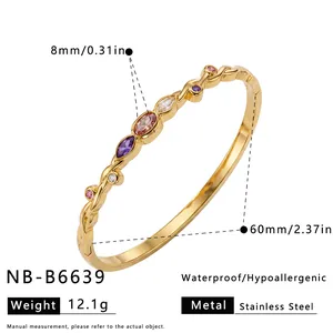 Detail showing measurements and materials of the gold stainless steel stone-inlaid bangle
