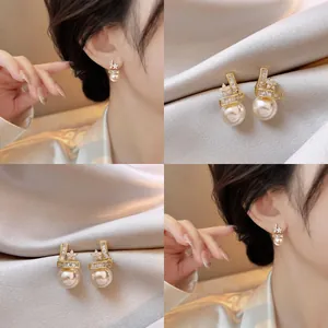 14K Gold Plated Copper Star Artificial Pearl Stud Earrings For Women Rhinestone Star Shape Earrings Jewelry Elegant Earring With Steel Post