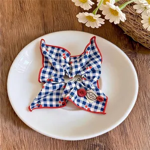 Κορεατικό στυλ μπλε καρό υφασμάτινο scrunchie με σχέδιο κεράσι