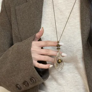 Collier Pendentif Oeil De Tigre Style Rétro Maillard Pour Femmes Cuivre Plaqué Or Chaîne De Pull En Similicuir Bijoux Géométriques
