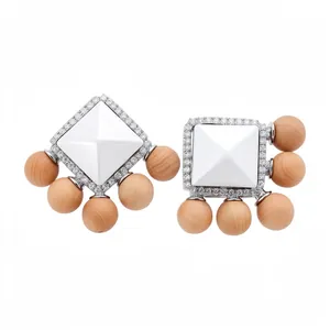 French Vintage Rhombus Resin Wood Bead Stud Earrings With Silver Earring Post Rhinestone Inlaid Geometric Dangle Earrings For Women