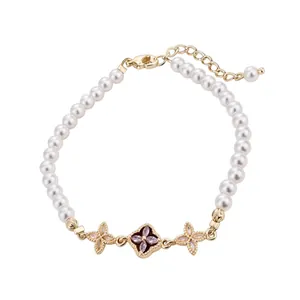 French Gentle Style Zircon Artificial Pearl Flower Bracelet Gold Silver Plated Copper Elegant Women Fashion Jewelry Gift