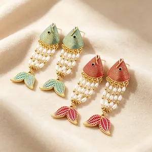 Resort Style Enamel Fish Tassel Drop Earrings Gold Plated Stainless Steel Artificial Pearl Dangle Earrings For Women Ethnic Jewelry Gift