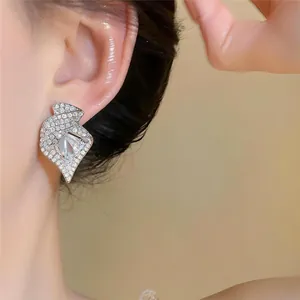 Makroaufnahme eleganter Silbernadel-Ohrringe mit Zirkonia-Tropfen und funkelnden Kristallen