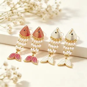 Handcrafted enamel fish pearl tassel earrings in gold-plated stainless steel for women.