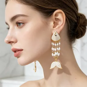 Exotic enamel fish pearl tassel earrings gold plated stainless steel jewelry for women