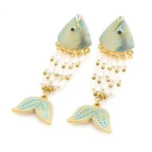 Exotic enamel fish drop earrings with pearl tassels in gold plated stainless steel.