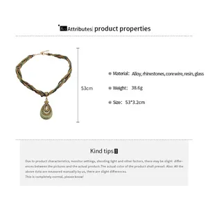 Collier bohème vintage en perles avec pendentif en strass et spécifications du produit.