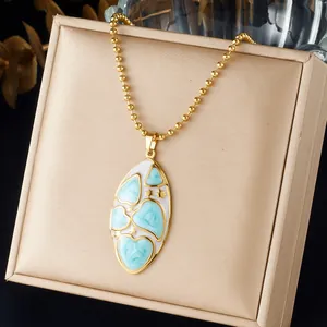 Collier Vintage Français en Acier Inoxydable Plaqué Or Pendentif Ovale Irrégulier en Émail Motif Cœur Étoile Chaîne à Billes Bijoux Femmes