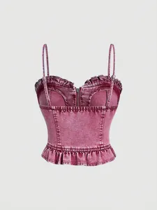 Ροζ τζιν μπούστο με acid wash εφέ, μπροστινό φερμουάρ και κομψό τελείωμα με βολάν