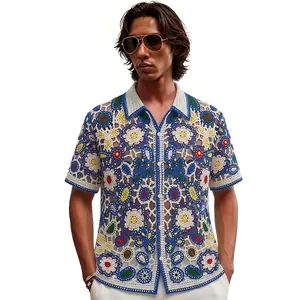 Polo en Tricot au Crochet Ajouré pour Hommes Motif Floral Coloré Cardigan à Manches Courtes Haut Streetwear d'Été