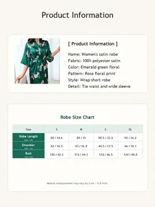 Detailed size chart and specifications for emerald green floral satin wrap robe for women