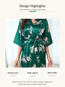 Details of green floral satin robe featuring wide sleeves and adjustable self-tie belt