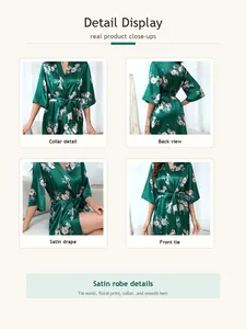 Close-up details of green floral satin robe showing collar, waist tie, and fabric texture