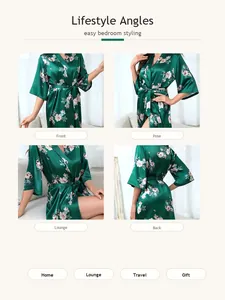 Multi-angle lifestyle shots showing front and back of an emerald floral satin robe