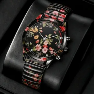 Close-up detail of stylish floral print dial and strap on a luxury ladies quartz watch