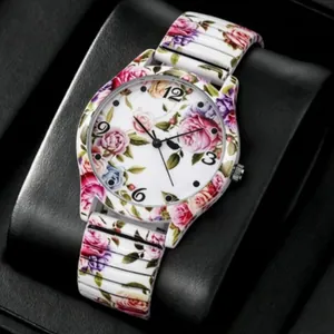 Detailed view of women's quartz watch featuring a vibrant floral rose print