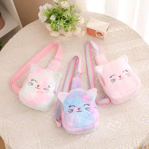 Set of three cute plush cat-themed crossbody chest bags for girls in pastel colors