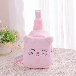 Front detail view of a cute pink plush cat-shaped chest bag for kids with rainbow straps