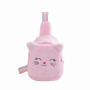 Cute pink plush cat chest bag for kids featuring a rainbow strap and soft fuzzy fur texture