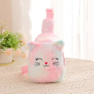 Soft plush cat chest bag for kids with colorful tie-dye fur and cute embroidery detail.