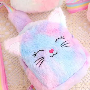 Detailed view of cute children's plush cat shoulder bag with soft rainbow pastel colors