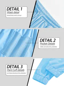 Vistas detalladas de pantalones celestes con cordón, textura de bolsillos y bajos.