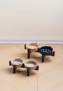 Japanse keramische slow feeder voerbakken voor huisdieren met houten standaard