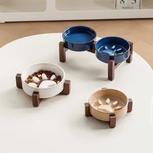 Japanse keramische slow feeder honden- en kattenvoerbakken met houten standaard