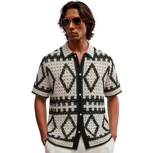 Men's Retro Argyle Crochet Hollow Knit Polo Shirt Short Sleeve Button Down Top Acrylic Casual Summer Beachwear Shirt