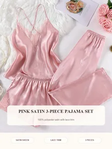Pink satin 3-piece pajama set with lace-trimmed camisole, shorts and pants