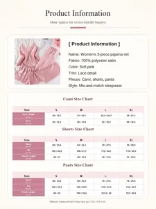 Product specification and size charts for women's 3-piece satin pajama set with lace trim.