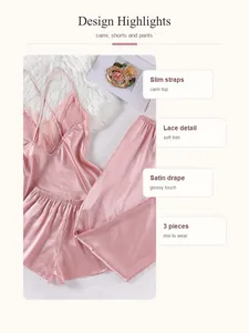 Detail view of pink satin 3-piece pajama set featuring lace trim and slim straps