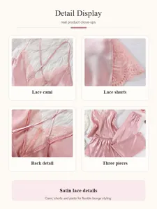 Detailed view of women's pink satin lace sleepwear 3-piece set with cami and shorts