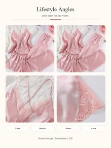 Detail views of pink 3-piece satin pajama set featuring lace trim and flat-lay style