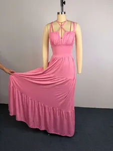 Elegant pink high-waist pleated maxi dress with tiered skirt for summer evening parties