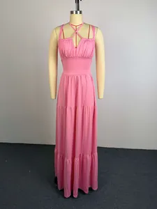 Elegant pink tiered maxi dress with pleated bust and high waist summer gown details