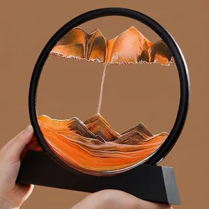 Creative circular moving sand art mountain scape desk ornament with black frame and base