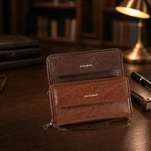 Men Long Wallet PU Leather Clutch Large Capacity Multi Card Slots Zipper Phone Bag With Wristlet Retro Business Style