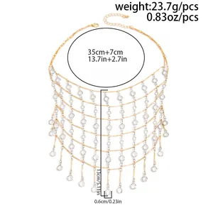 Detailed size specifications for multi-layer gold tassel necklace with rhinestones