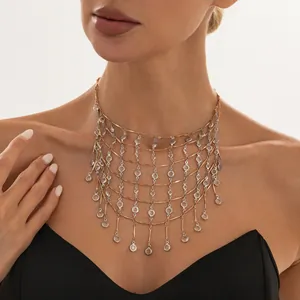 Detailed view of elegant multi-layered tassel choker necklace with sparkling crystals