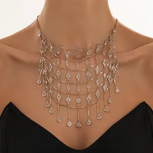 Luxurious Gold Silver Plated Metal Tassel Fringe Necklace For Women Rhinestone Bead Layered Statement Choker Jewelry Gift